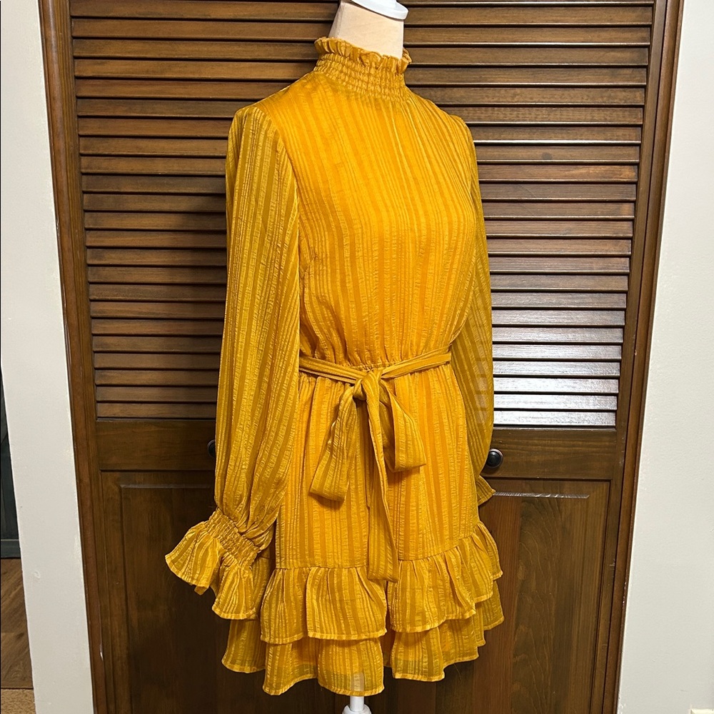 NWT Lulu's Mustard Gold Long Sleeve Ruffled Dress Size S - Picture 5 of 8